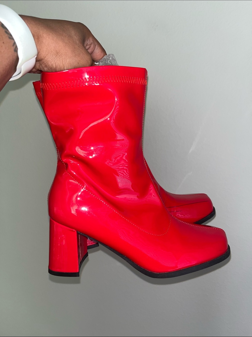 Mod Red Patent Mid-Heel Boots